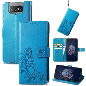 For Asus Zenfone 8 Flip Four-leaf Clasp Embossed Buckle Mobile Phone Protection Leather Case with Lanyard & Card Slot & Wallet & Bracket Function(Blue) (OEM)