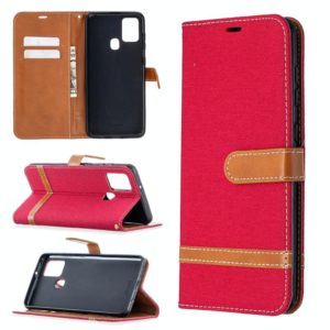 For Samsung Galaxy A21s Matching Denim Texture Horizontal Flip PU Leather Case with Holder & Card Slots & Wallet & Lanyard(Red) (OEM)