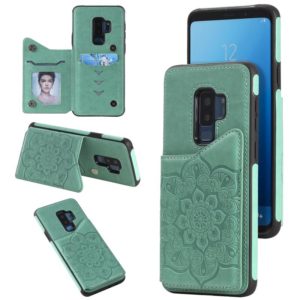 For Samsung Galaxy S9 Plus Flower Embossing Pattern Shockproof Protective Case with Holder & Card Slots & Photo Frame(Green) (OEM)
