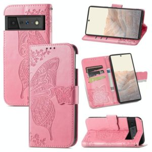 For Google Pixel 6 Butterfly Love Flowers Embossed Horizontal Flip Leather Case with Holder & Card Slots & Wallet & Lanyard(Pink) (OEM)