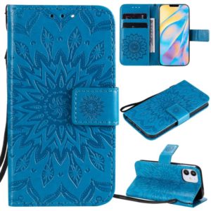 For iPhone 12 mini Pressed Printing Sunflower Pattern Horizontal Flip PU Leather Case Holder & Card Slots & Wallet & Lanyard(Blue) (OEM)