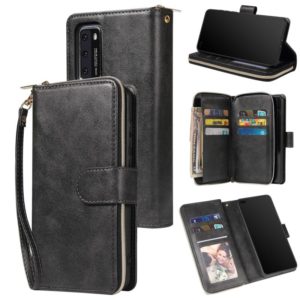 For Huawei P40 Zipper Wallet Bag Horizontal Flip PU Leather Case with Holder & 9 Card Slots & Wallet & Lanyard & Photo Frame(Black) (OEM)