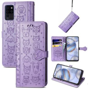 For Oukitel C21 Lovely Cat and Dog Embossing Pattern Horizontal Flip Leather Case , with Holder & Card Slots & Wallet & Cartoon Clasp & Lanyard(Purple) (OEM)