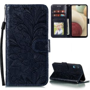 For Samsung Galaxy A02 / M02 (EU) Lace Flower Embossing Pattern Horizontal Flip Leather Case with Holder & Card Slots & Wallet & Photo Frame(Dark Blue) (OEM)