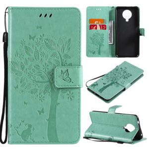 For Nokia 6.3 Tree & Cat Pattern Pressed Printing Horizontal Flip PU Leather Case with Holder & Card Slots & Wallet & Lanyard(Green) (OEM)