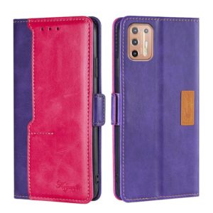 For Motorola Moto G9 Plus Contrast Color Side Buckle Leather Phone Case(Purple + Rose Red) (OEM)