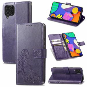For Samsung Galaxy F62/M62 Four-leaf Clasp Embossed Buckle Mobile Phone Protection Leather Case with Lanyard & Card Slot & Wallet & Bracket Function(Purple) (OEM)