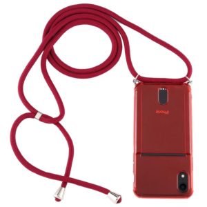 For iPhone XR Transparent TPU Protective Case with Lanyard & Card Slot(Red) (OEM)