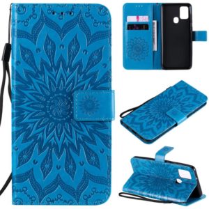 For Samsung Galaxy A21s Embossed Sunflower Pattern Horizontal Flip PU Leather Case with Holder & Card Slots & Wallet & Lanyard(Blue) (OEM)