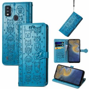 For ZTE A51 Lovely Cat and Dog Embossing Pattern Horizontal Flip Leather Case , with Holder & Card Slots & Wallet & Cartoon Clasp & Lanyard(Blue) (OEM)