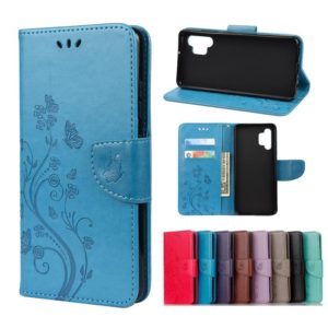 For Samsung Galaxy A32 4G Butterfly Flower Pattern Horizontal Flip Leather Case with Holder & Card Slots & Wallet(Blue) (OEM)