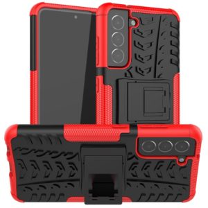 For Samsung Galaxy S21 FE Tire Texture Shockproof TPU+PC Protective Case with Holder(Red) (OEM)