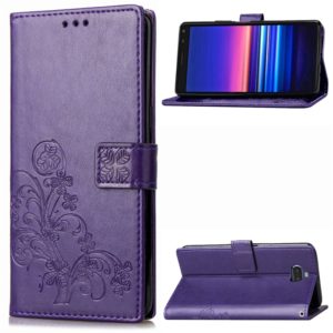 For Sony Xperia 20 Four-leaf Clasp Embossed Buckle Mobile Phone Protection Leather Case with Lanyard & Card Slot & Wallet & Bracket Function(Purple) (OEM)