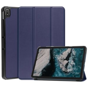 For Nokia T20 Three-folding Holder Custer Texture Leather Tablet Case(Dark Blue) (OEM)