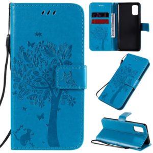 For Samsung Galaxy A41 Tree & Cat Embossed Pattern Horizontal Flip Leather Case with Holder & Card Slots & Wallet & Lanyard(Blue) (OEM)