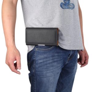 Men Litchi Texture Portable Mobile Phone Back Buckle Transverse Sleeve Waist Pack Leather Case for 6.3 Inch or Below Smartphones(Black) (OEM)