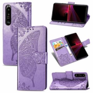 For Sony Xperia 1 III Butterfly Love Flower Embossed Horizontal Flip Leather Case with Bracket / Card Slot / Wallet / Lanyard(Light Purple) (OEM)