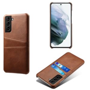 For Samsung Galaxy S21 FE 5G Calf Texture PC + PU Leather Back Cover Shockproof Case with Dual Card Slots(Brown) (OEM)