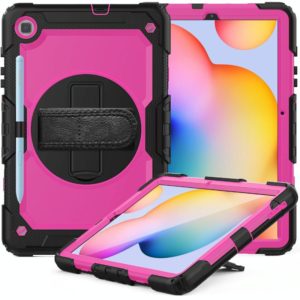 For Samsung Galaxy Tab S6 Lite P610 Shockproof Colorful Silicone + PC Protective Case with Holder & Shoulder Strap & Hand Strap & Pen Slot(Black+Rose Red) (OEM)