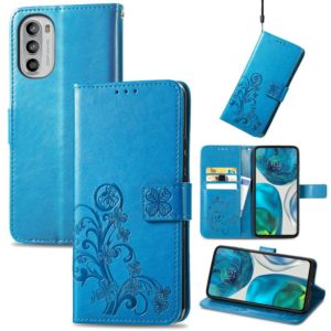 For Motorola Moto G52 Four-leaf Clasp Embossed Buckle Leather Phone Case(Blue) (OEM)