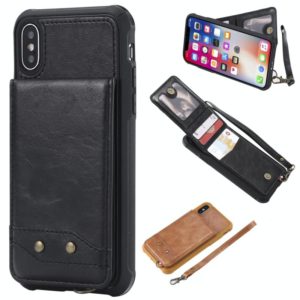 For iPhone X / XS Vertical Flip Shockproof Leather Protective Case with Short Rope, Support Card Slots & Bracket & Photo Holder & Wallet Function(Black) (OEM)