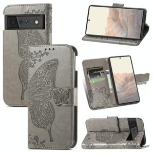 For Google Pixel 6 Butterfly Love Flowers Embossed Horizontal Flip Leather Case with Holder & Card Slots & Wallet & Lanyard(Grey) (OEM)