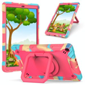 For Samsung Galaxy Tab A10.1 (2019) T510 Contrast Color Shockproof Robot Silicone + PC Case with Wristband Holder(Camouflage + Rose Red) (OEM)