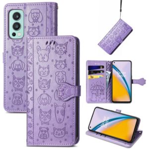 For OnePlus Nord 2 5G Lovely Cat and Dog Embossing Pattern Horizontal Flip Leather Case , with Holder & Card Slots & Wallet & Cartoon Clasp & Lanyard(Purple) (OEM)