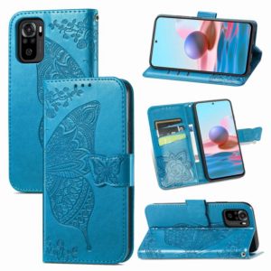 For Xiaomi Redmi Note 10 4G Butterfly Love Flower Embossed Horizontal Flip Leather Case with Bracket & Card Slot & Wallet & Lanyard(Blue) (OEM)