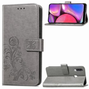 For Galaxy A20S Four-leaf Clasp Embossed Buckle Mobile Phone Protection Leather Case with Lanyard & Card Slot & Wallet & Bracket Function(Gray) (OEM)