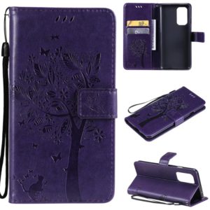 For OnePlus 9 Tree & Cat Pattern Pressed Printing Horizontal Flip PU Leather Case with Holder & Card Slots & Wallet & Lanyard(Purple) (OEM)