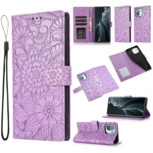 For Xiaomi Mi 11 Skin Feel Embossed Sunflower Horizontal Flip Leather Case with Holder & Card Slots & Wallet & Lanyard(Purple) (OEM)