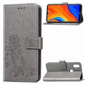 For Huawei Y6s (2019) Four-leaf Clasp Embossed Buckle PU Leather Case with Lanyard & Card Slot & Wallet & Holder(Gray) (OEM)