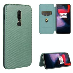 For OnePlus 6 Carbon Fiber Texture Horizontal Flip TPU + PC + PU Leather Case with Card Slot(Green) (OEM)