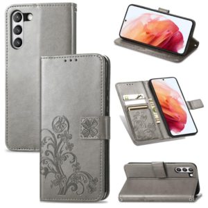 For Samsung Galaxy S21 FE Four-leaf Clasp Embossed Buckle Mobile Phone Protection Leather Case with Lanyard & Card Slot & Wallet & Bracket Function(Grey) (OEM)