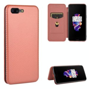 For OnePlus 5 Carbon Fiber Texture Horizontal Flip TPU + PC + PU Leather Case with Card Slot(Brown) (OEM)