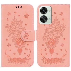 For OnePlus Nord 2T Butterfly Rose Embossed Leather Phone Case(Pink) (OEM)