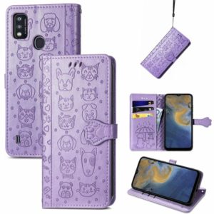 For ZTE A51 Lovely Cat and Dog Embossing Pattern Horizontal Flip Leather Case , with Holder & Card Slots & Wallet & Cartoon Clasp & Lanyard(Purple) (OEM)