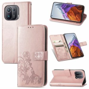 For Xiaomi Mi 11 Pro Four-leaf Clasp Embossed Buckle Mobile Phone Protection Leather Case with Lanyard & Card Slot & Wallet & Bracket Function(Rose Gold) (OEM)