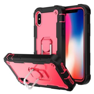 For iPhone X / XS PC + Rubber 3-layers Shockproof Protective Case with Rotating Holder(Black + Rose Red) (OEM)