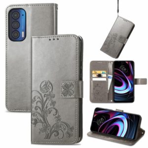 For Motorola Moto Edge 2021 Four-leaf Clasp Embossed Leather Case with Lanyard & Card Slots & Wallet & Holder(Gray) (OEM)