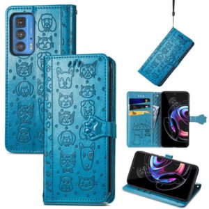 For Motorola Edge 20 Pro Lovely Cat and Dog Embossing Pattern Horizontal Flip Leather Case , with Holder & Card Slots & Wallet & Cartoon Clasp & Lanyard(Blue) (OEM)