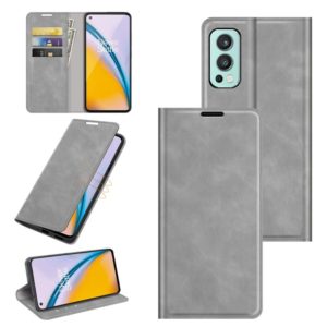 For OnePlus Nord 2 5G Retro-skin Business Magnetic Suction Leather Case with Holder & Card Slots & Wallet(Grey) (OEM)