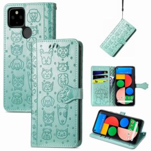 For Google Pixel 5a 5G Lovely Cat and Dog Embossing Pattern Horizontal Flip Leather Case , with Holder & Card Slots & Wallet & Cartoon Clasp & Lanyard(Green) (OEM)