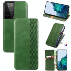 For Samsung Galaxy S21 Ultra 5G Cubic Grid Pressed Horizontal Flip Magnetic PU Leather Case with Holder & Card Slots & Wallet(Green) (OEM)