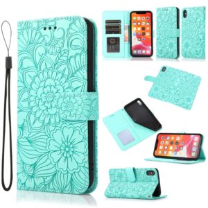 For iPhone X / XS Skin Feel Embossed Sunflower Horizontal Flip Leather Case with Holder & Card Slots & Wallet & Lanyard(Green) (OEM)