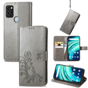 For UMIDIGI A9 Pro Four-leaf Clasp Embossed Buckle Mobile Phone Protection Leather Case with Lanyard & Card Slot & Wallet & Bracket Function(Gray) (OEM)