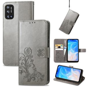 For DOOGEE N40 Pro Four-leaf Clasp Embossed Leather Case with Lanyard & Card Slot & Wallet & Holder(Grey) (OEM)