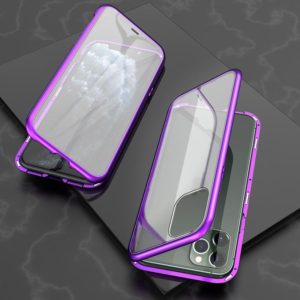 For iPhone 11 Pro Ultra Slim Double Sides Magnetic Adsorption Angular Frame Tempered Glass Magnet Flip Case(Purple) (OEM)