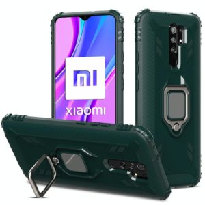 For Xiaomi Redmi 9 Prime Carbon Fiber Protective Case with 360 Degree Rotating Ring Holder(Green) (OEM)